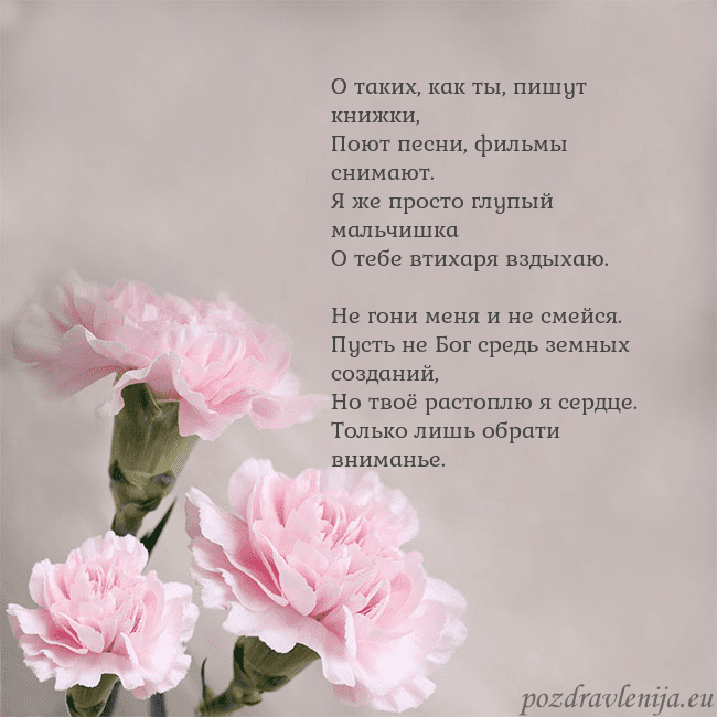 Открытка с розовыми гвоздиками О таких, как ты, пишут книжки,
Поют песни, фильмы Открытка с розовыми гвоздиками