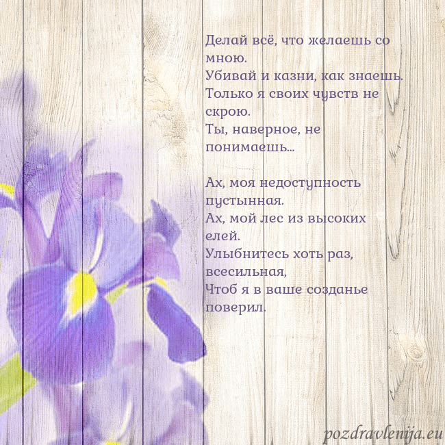 Открытка с ирисами Делай всё, что желаешь со мною.
Убивай и казни, ка Открытка с ирисами