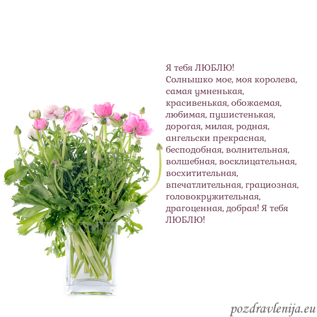 Открытка с цветами в вазе Я тебя ЛЮБЛЮ!
Солнышко мое, моя королева, самая ум Открытка с цветами в вазе
