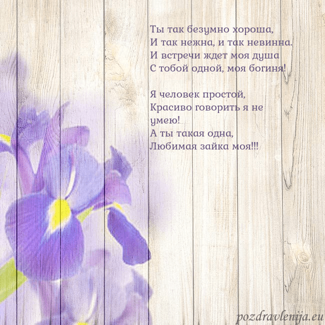 Открытка с ирисами Ты так безумно хороша,
И так нежна, и так невинна. Открытка с ирисами