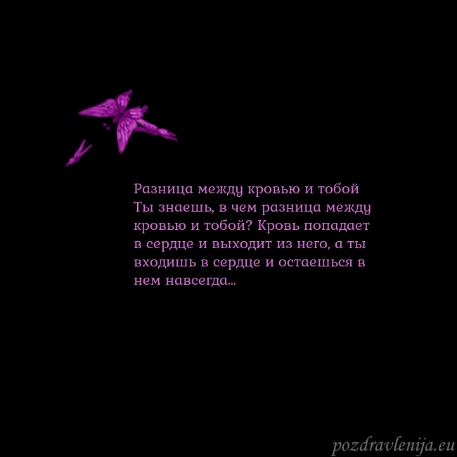 Открытка с летающими бабочками Разница между кровью и тобой
Ты знаешь, в чем разн Открытка с летающими бабочками