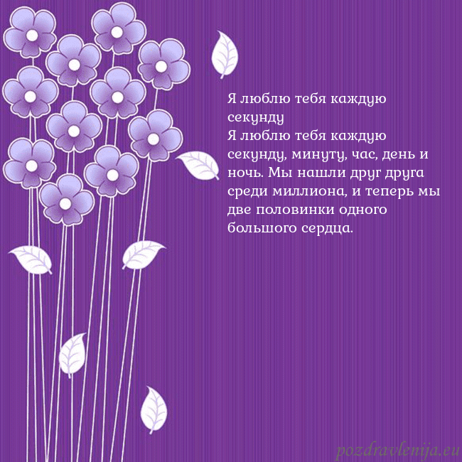 Открытка с фиолетовыми цветами Я люблю тебя каждую секунду
Я люблю тебя каждую се Открытка с фиолетовыми цветами