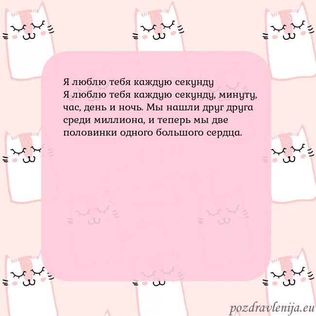 Розовая открытка с забавными кошками Я люблю тебя каждую секунду
Я люблю тебя каждую се Розовая открытка с забавными кошками