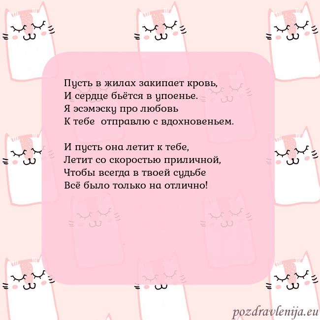 Розовая открытка с забавными кошками Пусть в жилах закипает кровь,
И сердце бьётся в уп Розовая открытка с забавными кошками