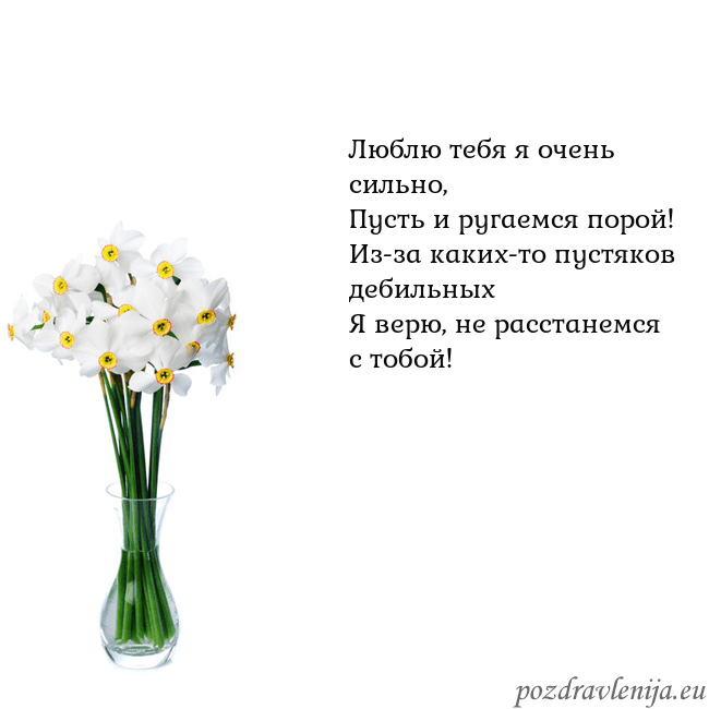 Открытка с нарциссами Люблю тебя я очень сильно,
Пусть и ругаемся порой! Открытка с нарциссами