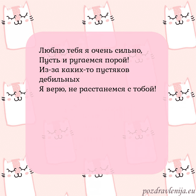 Розовая открытка с забавными кошками Люблю тебя я очень сильно,
Пусть и ругаемся порой! Розовая открытка с забавными кошками