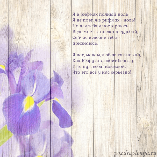 Открытка с ирисами Я в рифмах полный ноль
Я не поэт, я в рифмах - нол Открытка с ирисами